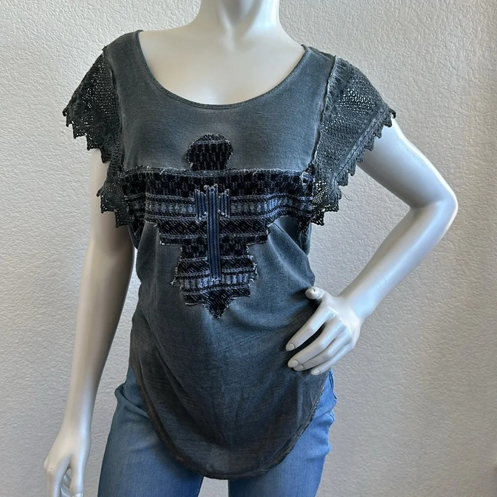Free People embroidered phoenix lace sleeves Top - Picture 2 of 8